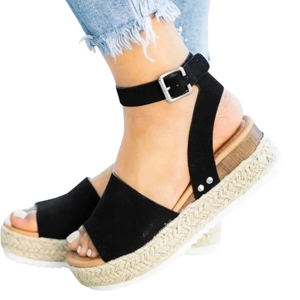 Soda Black Espadrille Platform Sandals Ankle Buckle Strap Wedge size 6.5 Summer